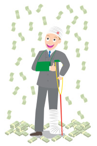 injured businessman in bandages and crutches with dollar pile and falling money vector